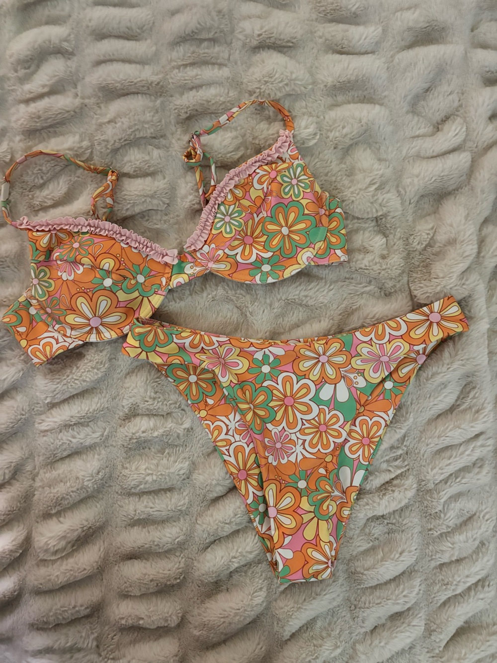 Aurelle Retro Floral Bikini Set in Orange & Green